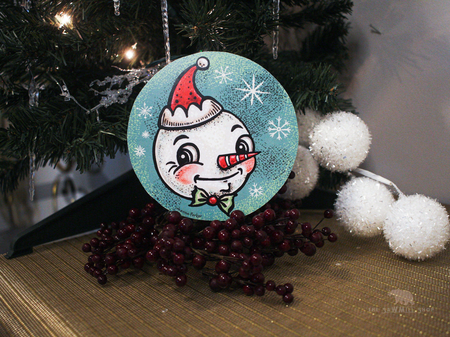 Vintage Christmas Johanna Parker Snowman with Santa Hat Circle Wood Cutout-The Sawmill Shop