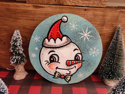 Vintage Christmas Johanna Parker Snowman with Santa Hat Circle Wood Cutout-The Sawmill Shop