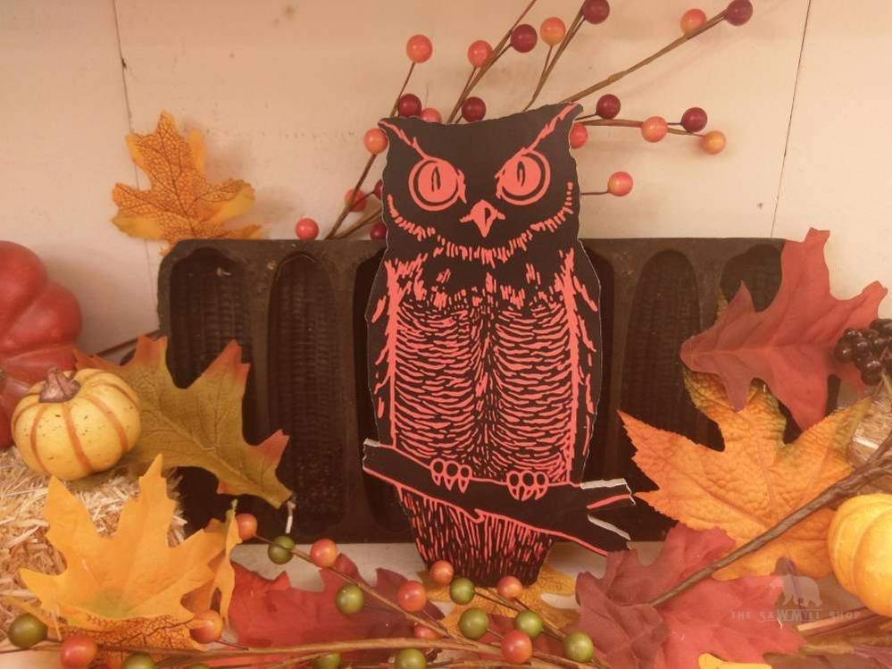 Retro Halloween Black and Orange Owl on Branch Wood Cutout-The Sawmill Shop