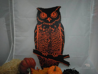 Retro Halloween Black and Orange Owl on Branch Wood Cutout-The Sawmill Shop