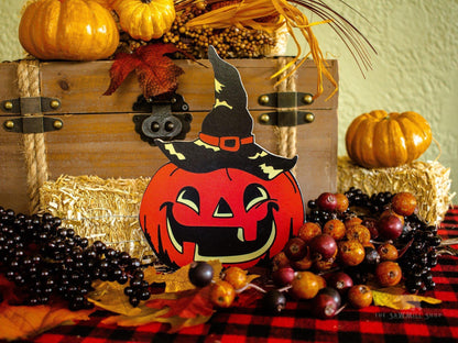 Retro Jack O Lantern Pumpkin with Witch Hat Vintage Artwork Wood Cutout-The Sawmill Shop