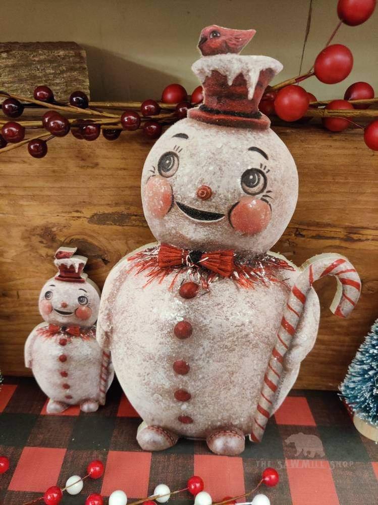 Johanna Parker Candy Cane Snowman with Top Hat and Cardinal Bird Wood Cutout-The Sawmill Shop