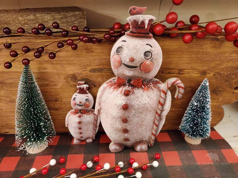 Johanna Parker Candy Cane Snowman with Top Hat and Cardinal Bird Wood Cutout-The Sawmill Shop