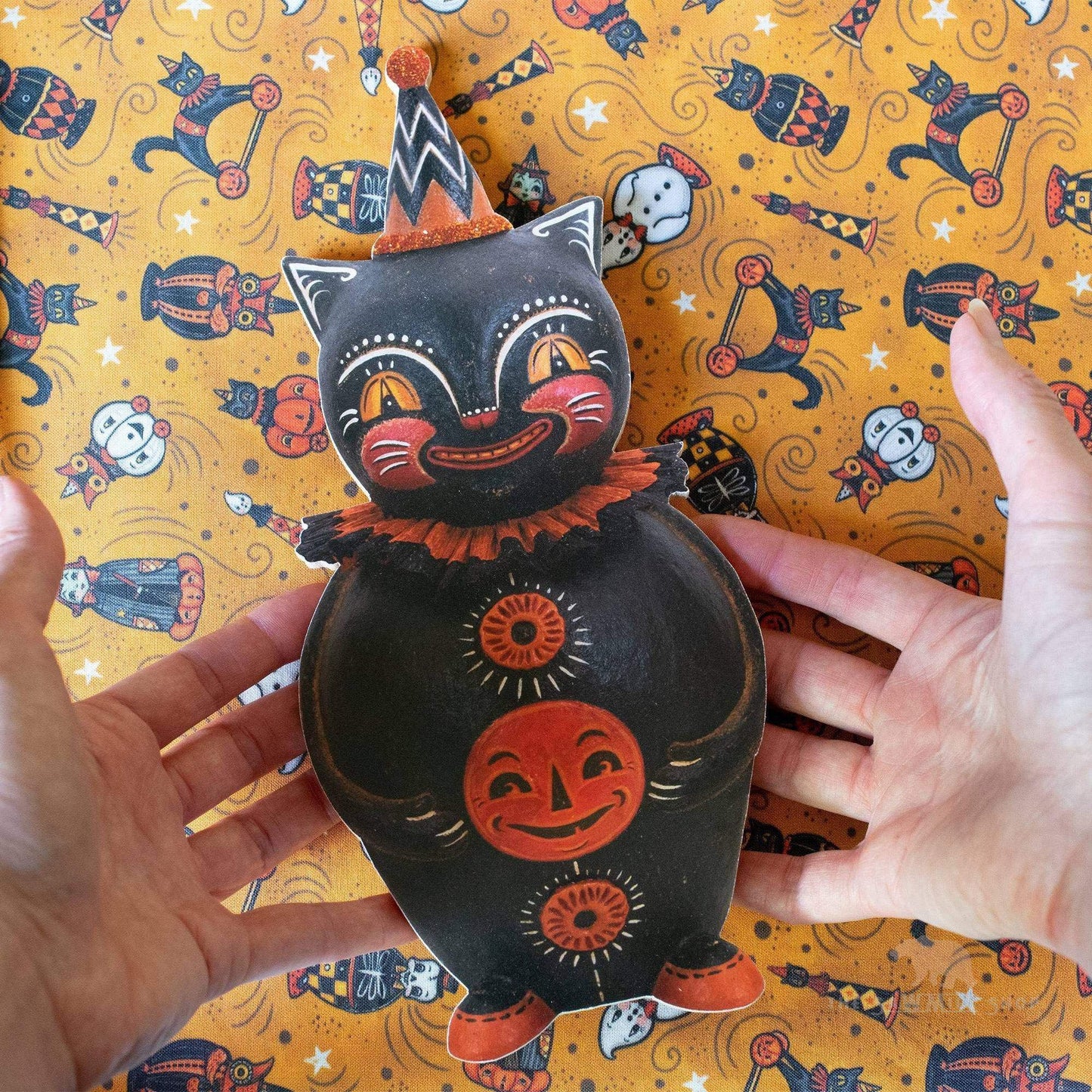 Vintage Johanna Parker "Happy Halloween" Cat with Jack O Lantern Artwork Wood Cutout-The Sawmill Shop