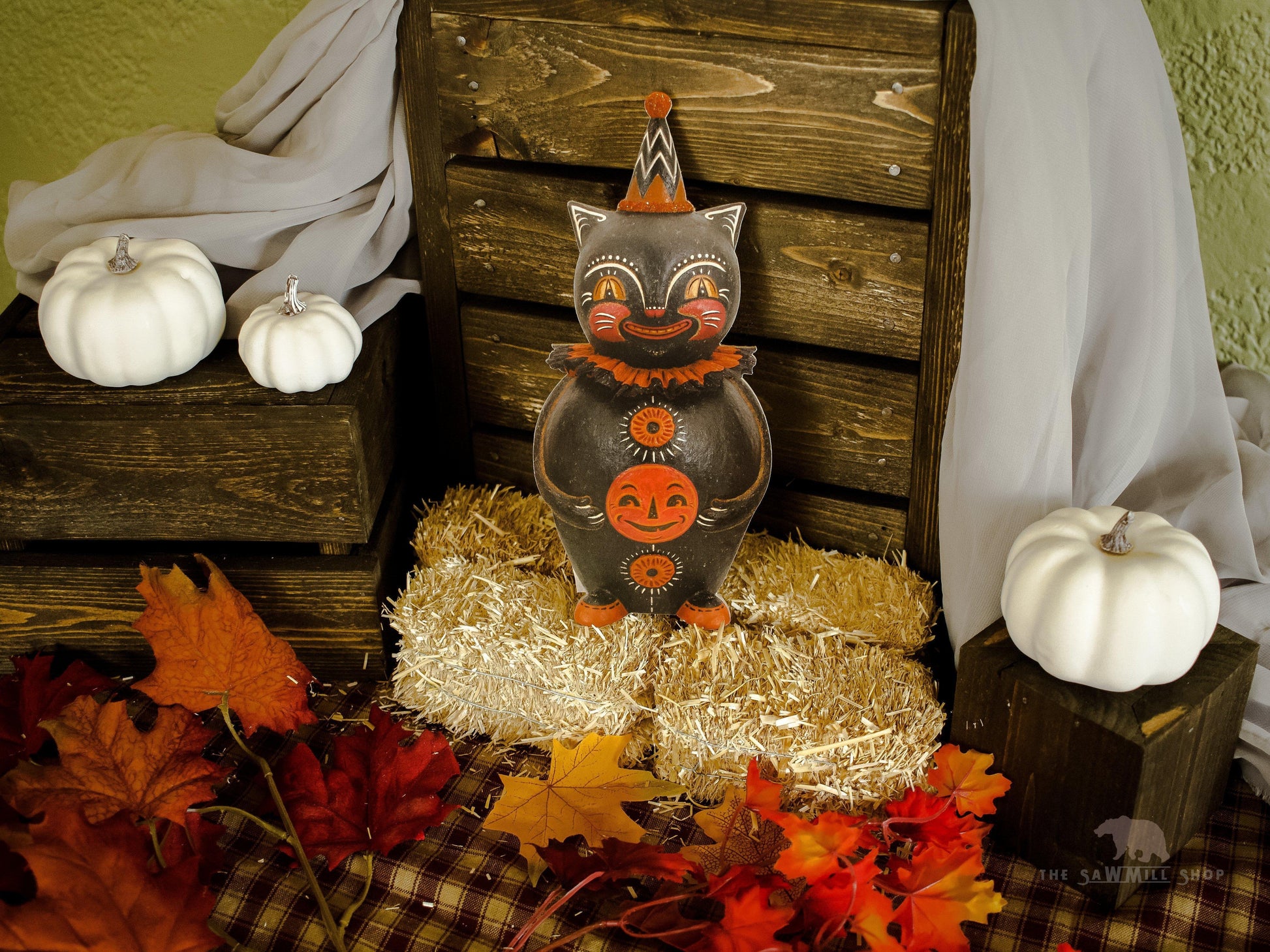 Vintage Johanna Parker "Happy Halloween" Cat with Jack O Lantern Artwork Wood Cutout-The Sawmill Shop