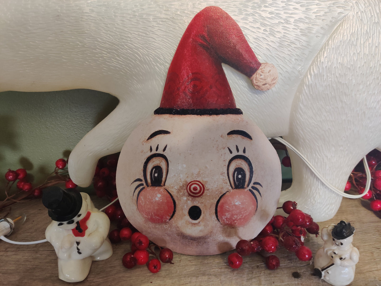 Johanna Parker Peppermint Snowman with Santa Hat Wood Cutout