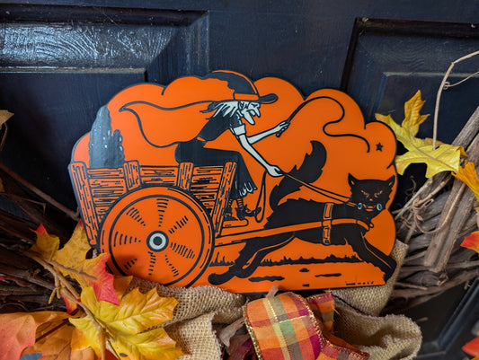 Witch on Cart with Black Cat 3D Printed Halloween Decor