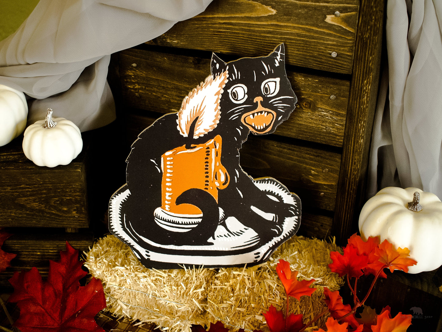Retro Halloween Black Cat with Candle Wood Cutout