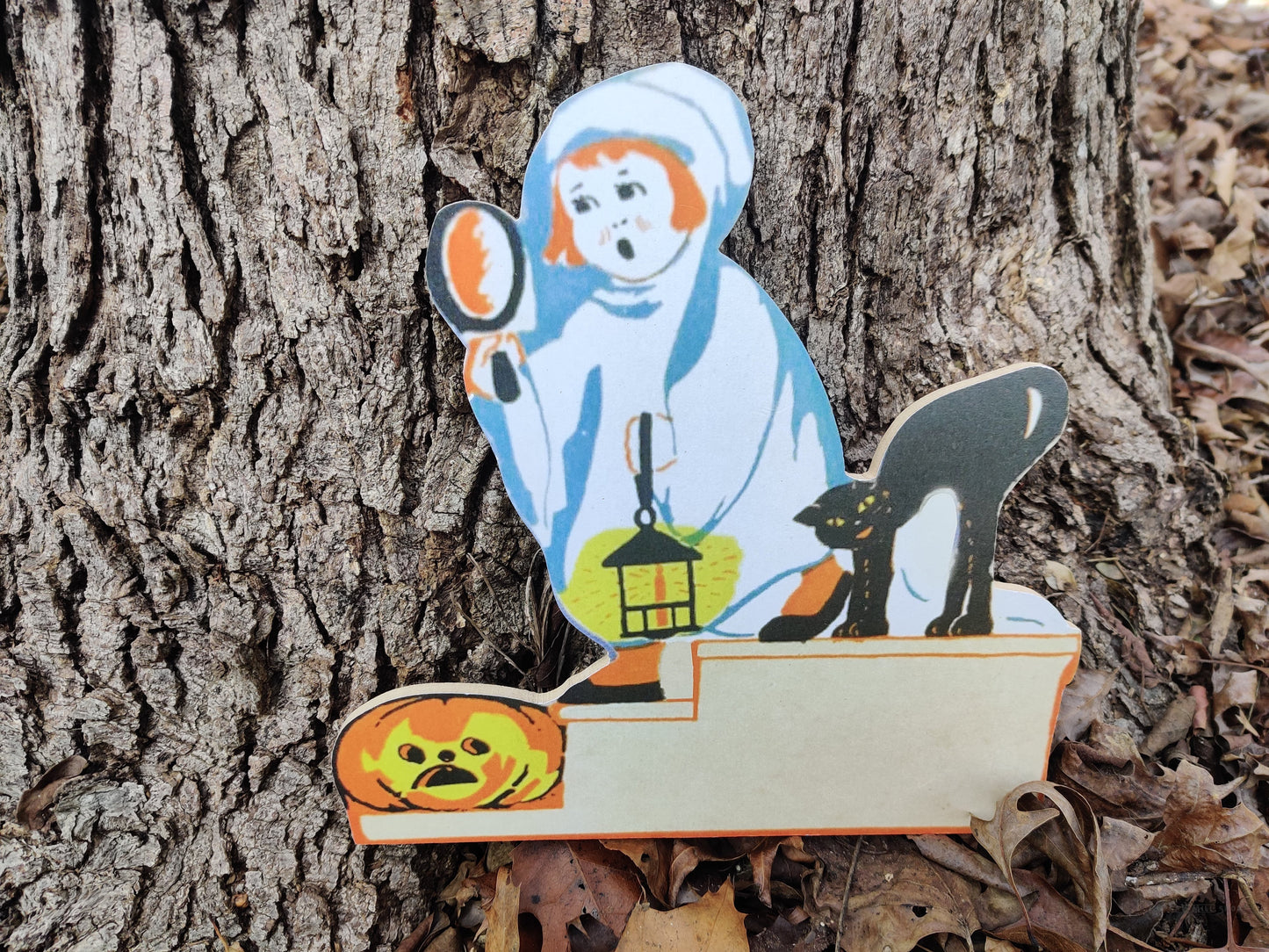 Halloween Ghost Costume with Pumpkin and Cat Wood Cutout