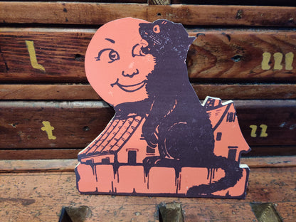 Cat with House and Full Moon Halloween Wood Cutout
