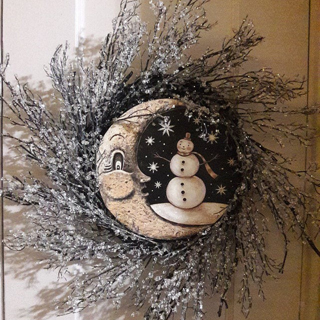 Christmas Moon with Snowman Background Wood Cutout