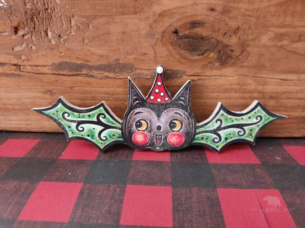 Johanna Parker Christmas Bat Holly Leaf Wings Wood Cutout-The Sawmill Shop
