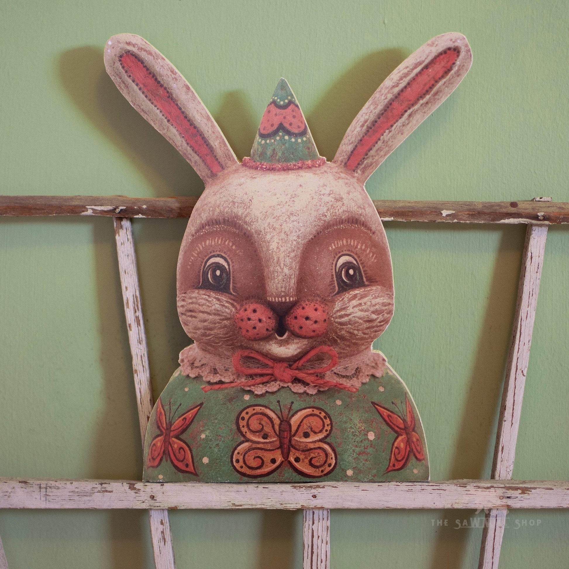 Johanna Parker Easter White Chocolate Bunny Rabbit Head Wood Cutout for Spring Decorating-The Sawmill Shop