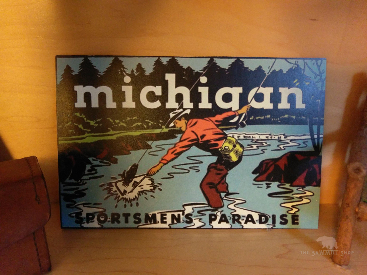 Michigan Sportsmen's Paradise Fishing Vintage Artwork Wood Cutout-The Sawmill Shop