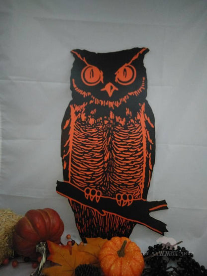Retro Halloween Black and Orange Owl on Branch Wood Cutout-The Sawmill Shop