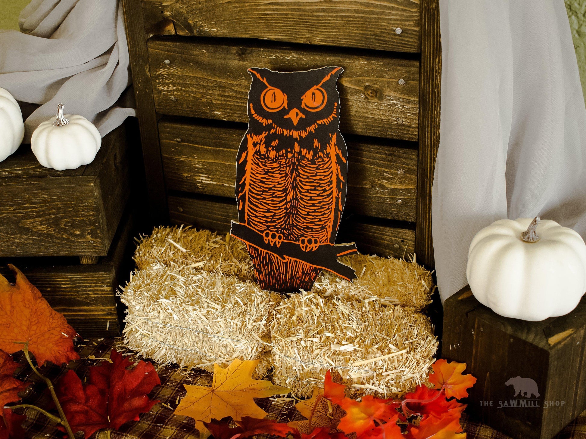 Retro Halloween Black and Orange Owl on Branch Wood Cutout-The Sawmill Shop