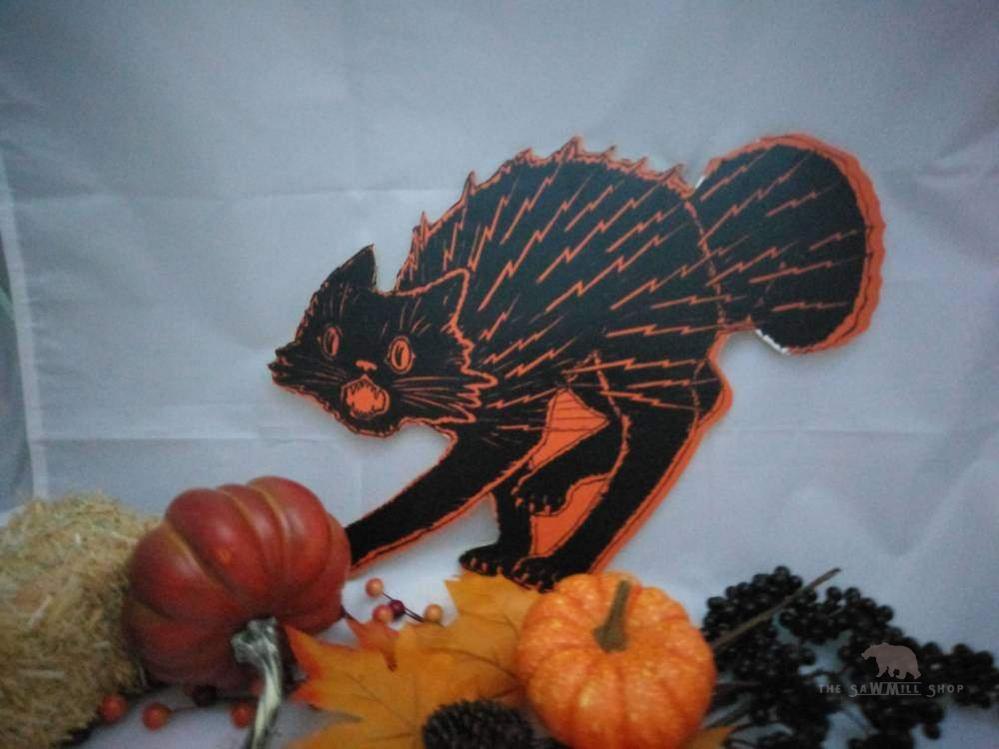 Retro Halloween Black and Orange Scaredy Cat Wood Cutout-The Sawmill Shop