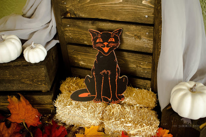 Retro Halloween Black and Orange Standing Cat Wood Cutout-The Sawmill Shop