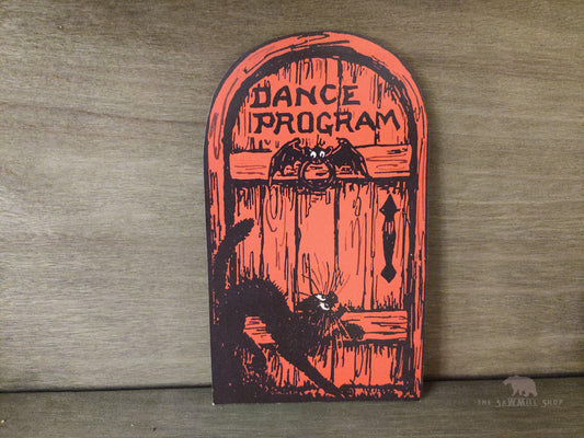 Retro Halloween "Dance Program" Door with Bat and Cat Vintage Artwork Wood Cutout-The Sawmill Shop
