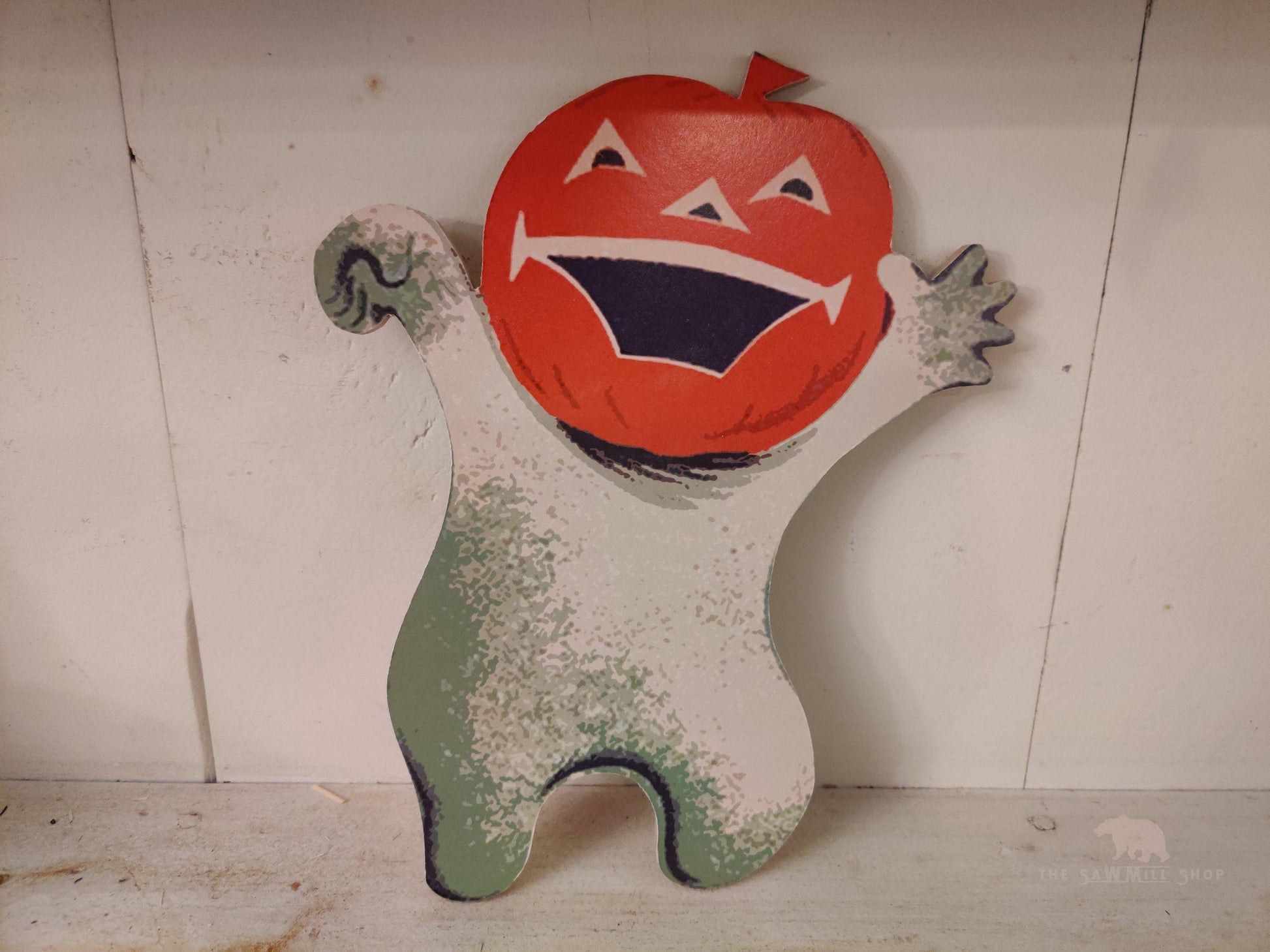 Retro Halloween Ghost with Jack O Lantern Artwork Wood Cutout-The Sawmill Shop