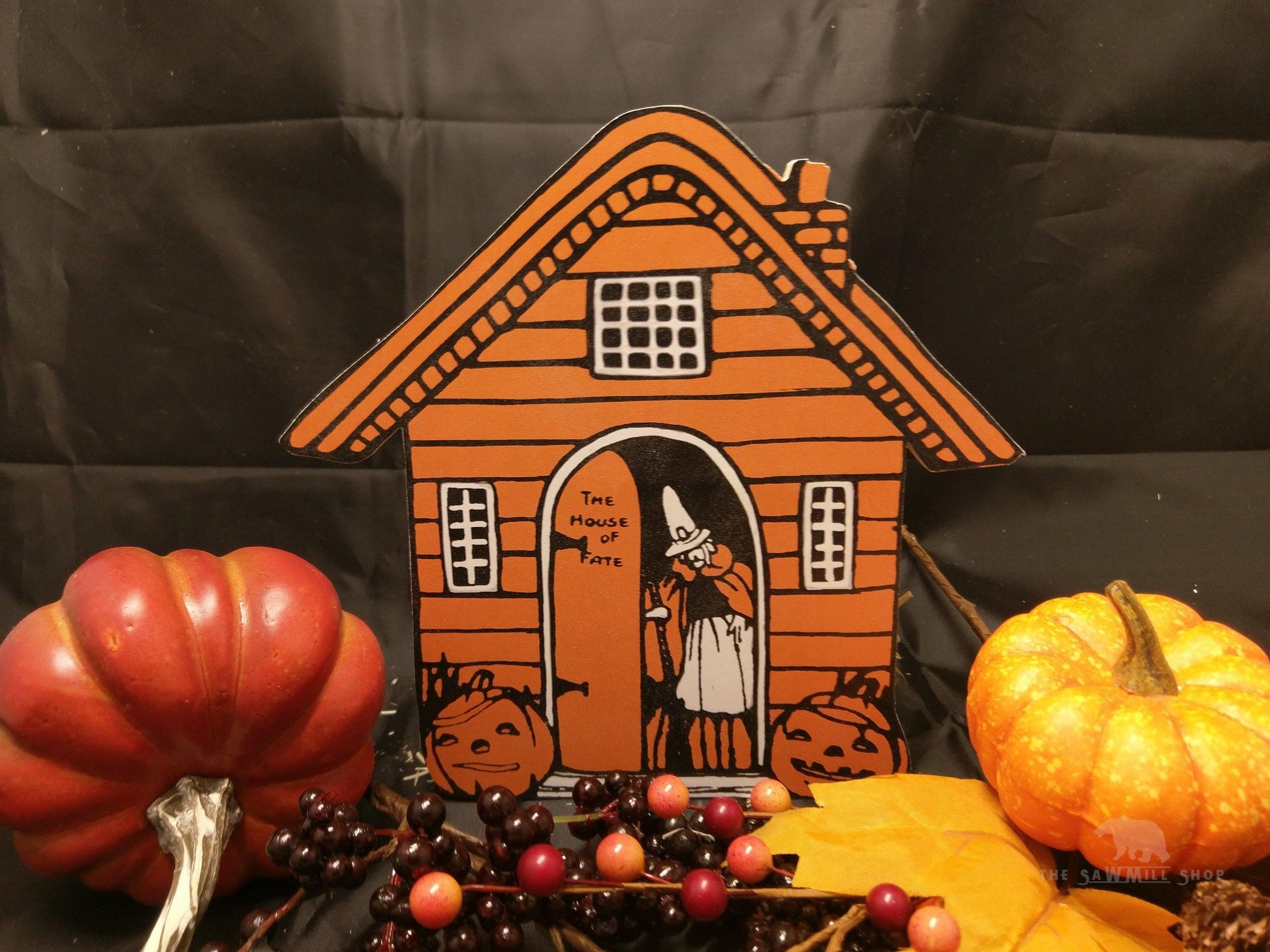 Retro Halloween House of Fate with Witch Wood Cutouts-The Sawmill Shop