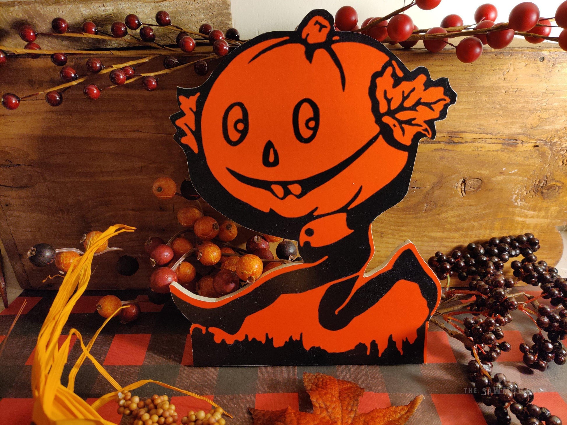 Retro Halloween "Jumping Jack" O Lantern Pumpkin Vintage Artwork Wood Cutout-The Sawmill Shop