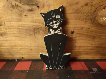 Retro Halloween Winking Cat with Bowtie Wood Decor-The Sawmill Shop