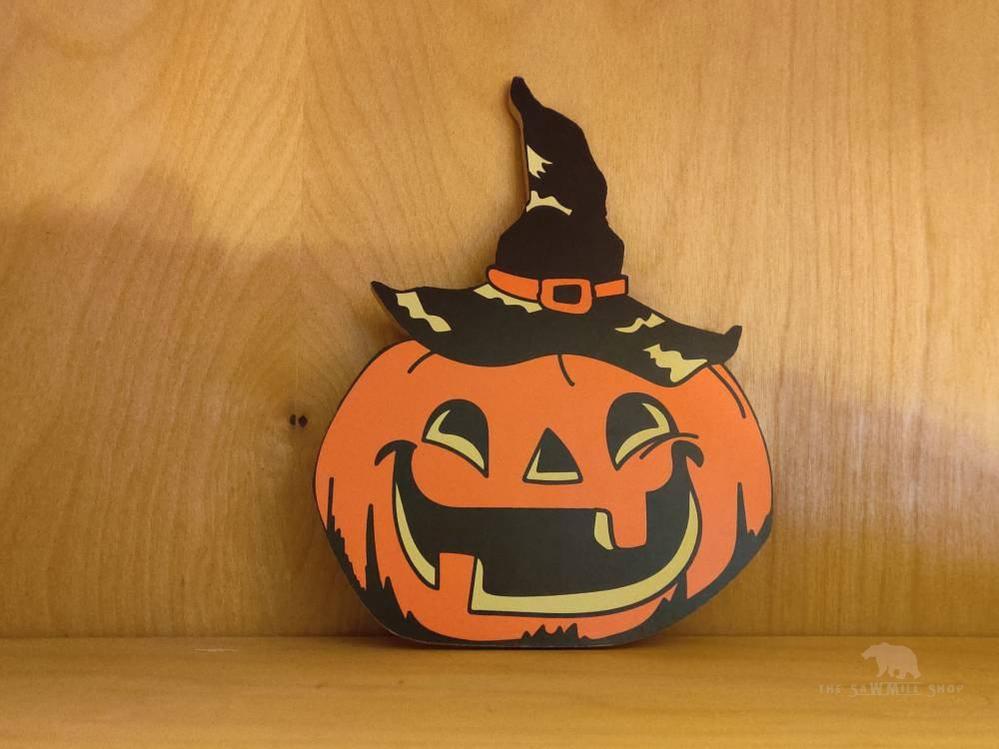 Retro Jack O Lantern Pumpkin with Witch Hat Vintage Artwork Wood Cutout-The Sawmill Shop