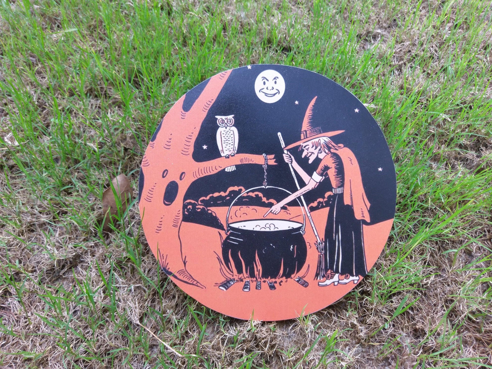 Retro Witch with Cauldron and Haunted Tree Scene Wood Cutout-The Sawmill Shop