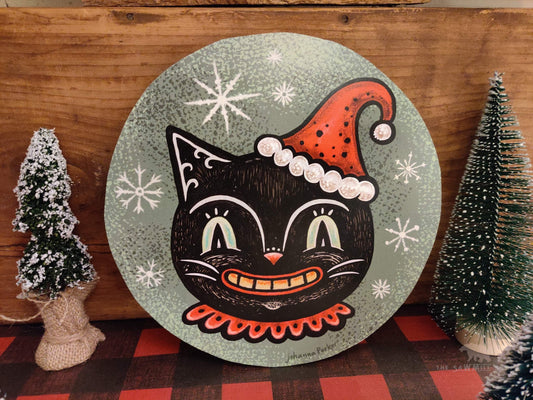 Vintage Christmas Johanna Parker Black Cat with Santa Hat Circle Wood Cutout-The Sawmill Shop