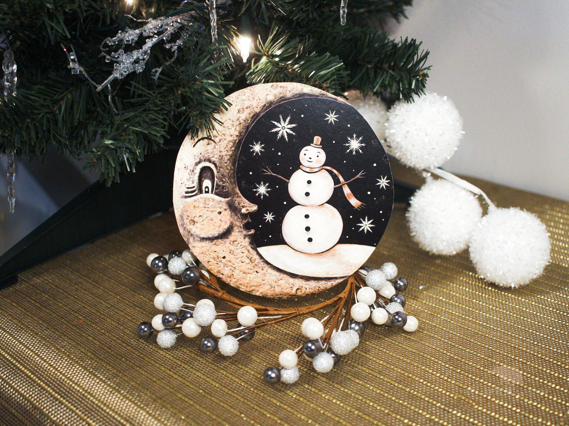 Vintage Christmas Moon with Snowman Background Wood Cutout-The Sawmill Shop