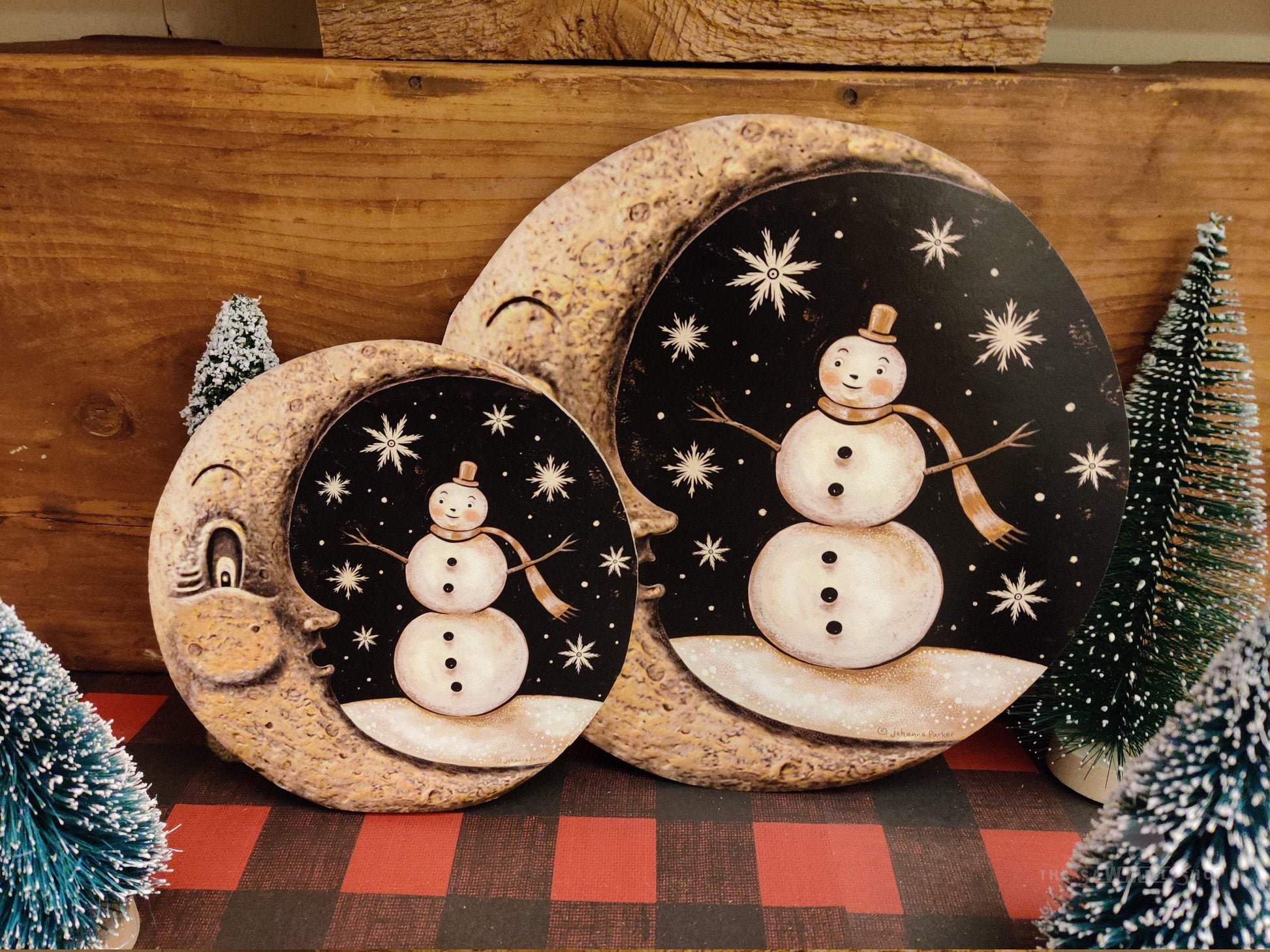 Vintage Christmas Moon with Snowman Background Wood Cutout-The Sawmill Shop