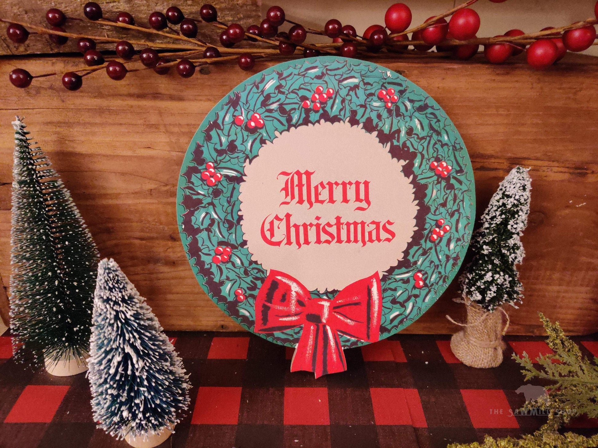 Vintage Merry Christmas Wreath Wood Cutout-The Sawmill Shop