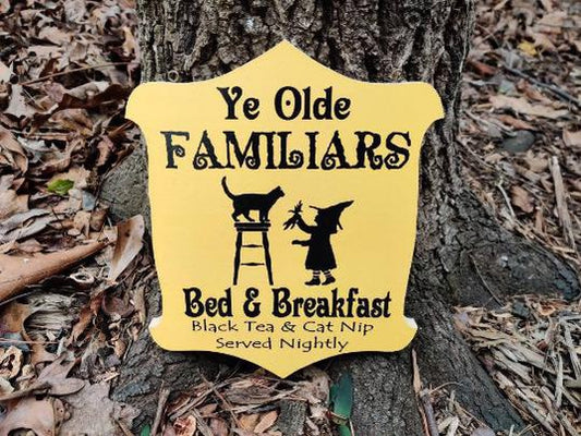 Ye Olde Familiars Bed and Breakfast Witch with Black Cat Hanging Sign-The Sawmill Shop